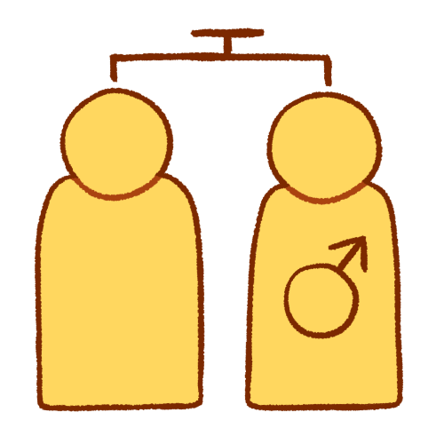  A drawing of two generic emoji yellow people standing next to each other. The person on the right has a large male symbol on their torso. Above them is a dark brown line with a line down to each of them, with another, shorter connected line above it, reminiscent of a family tree.